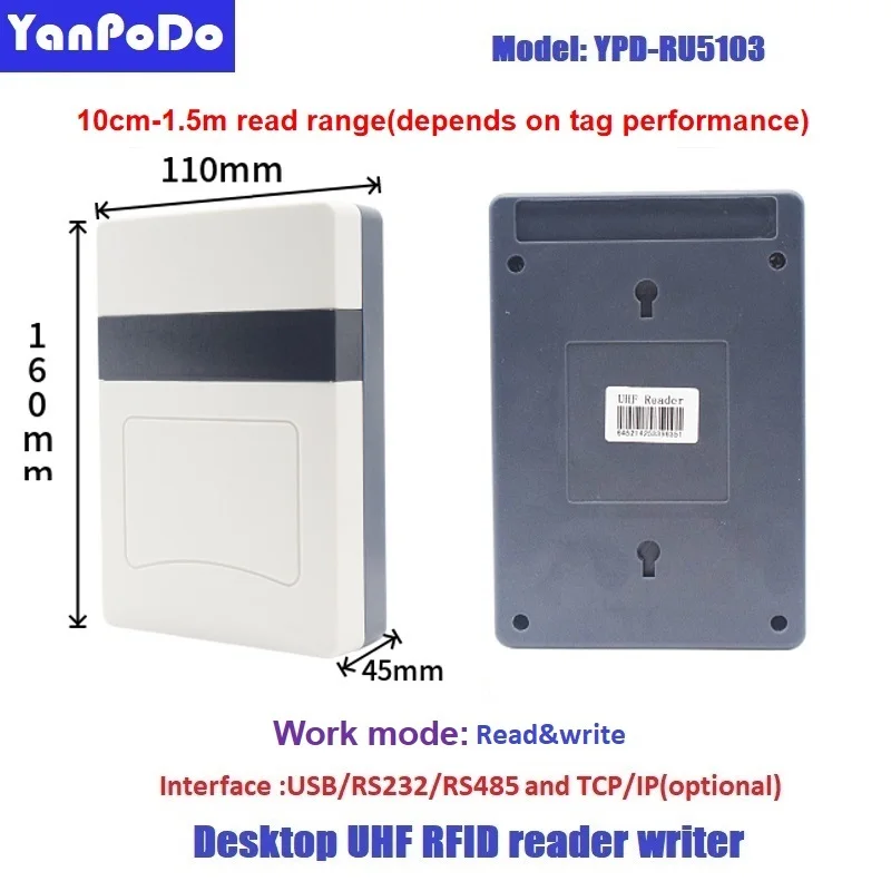 Imagem -03 - Yanpode-leitor de Mesa Rfid Uhf Alcance de Leitura 0150cm Usb Rs232 Conector ip Tcp com Código Sdk Software para Rastreamento Logístico