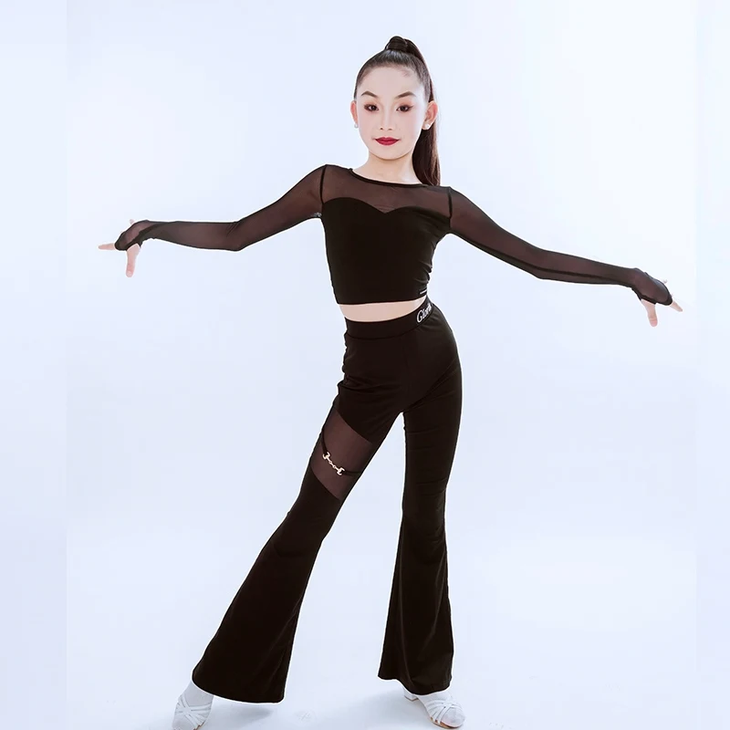 Latin Dance Costume Girls Long Sleeve Tops Pants Tassel Skirt Practice Outfit Kids Rumba Samba Dancing  Performance Wear DL11742