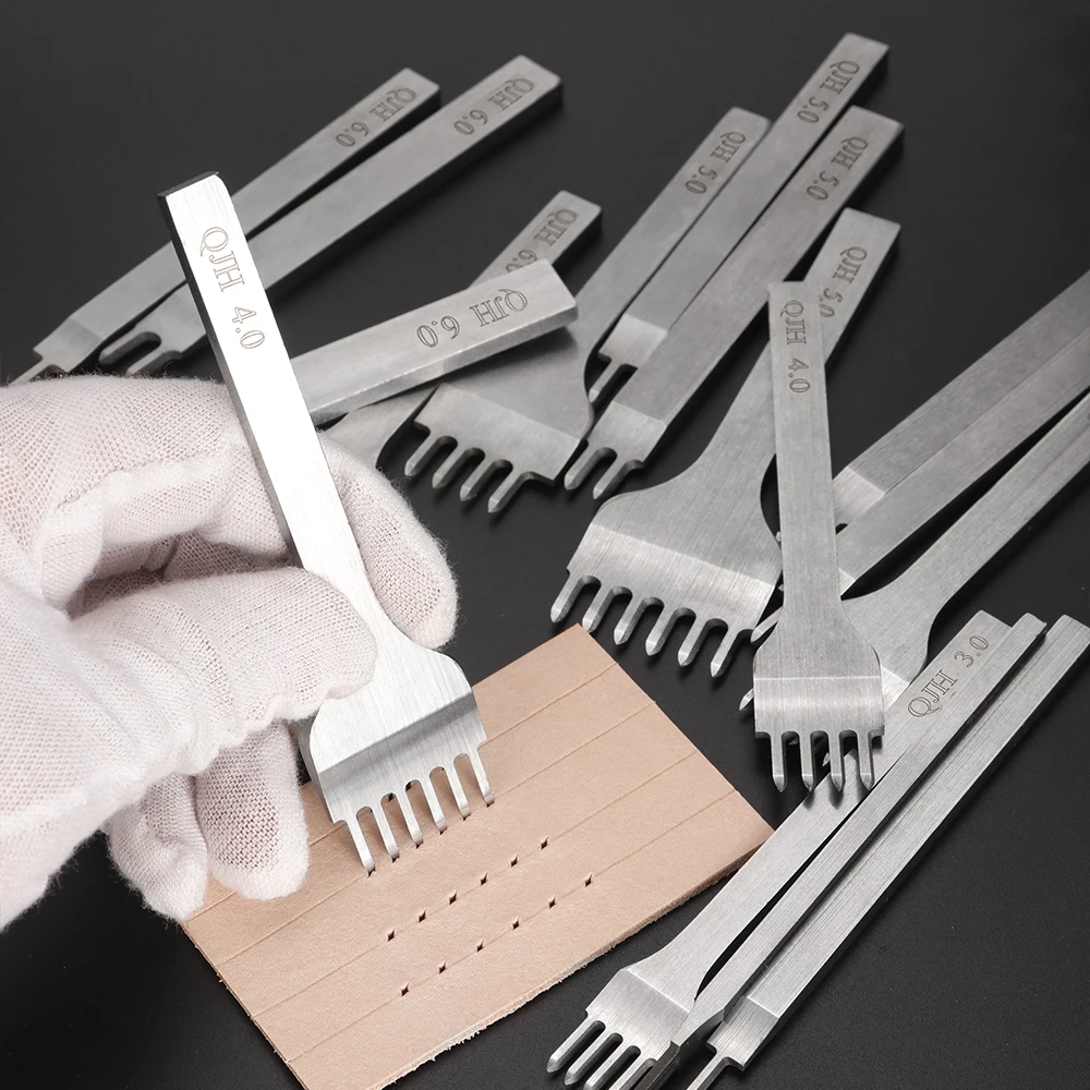 QJH 4 Pcs Diamond Pricking Iron Chisel Leather Craft Stitching Tools - Select Prong Spacing 3mm 4mm 5mm 6mm(1+2+4+6 Prongs)