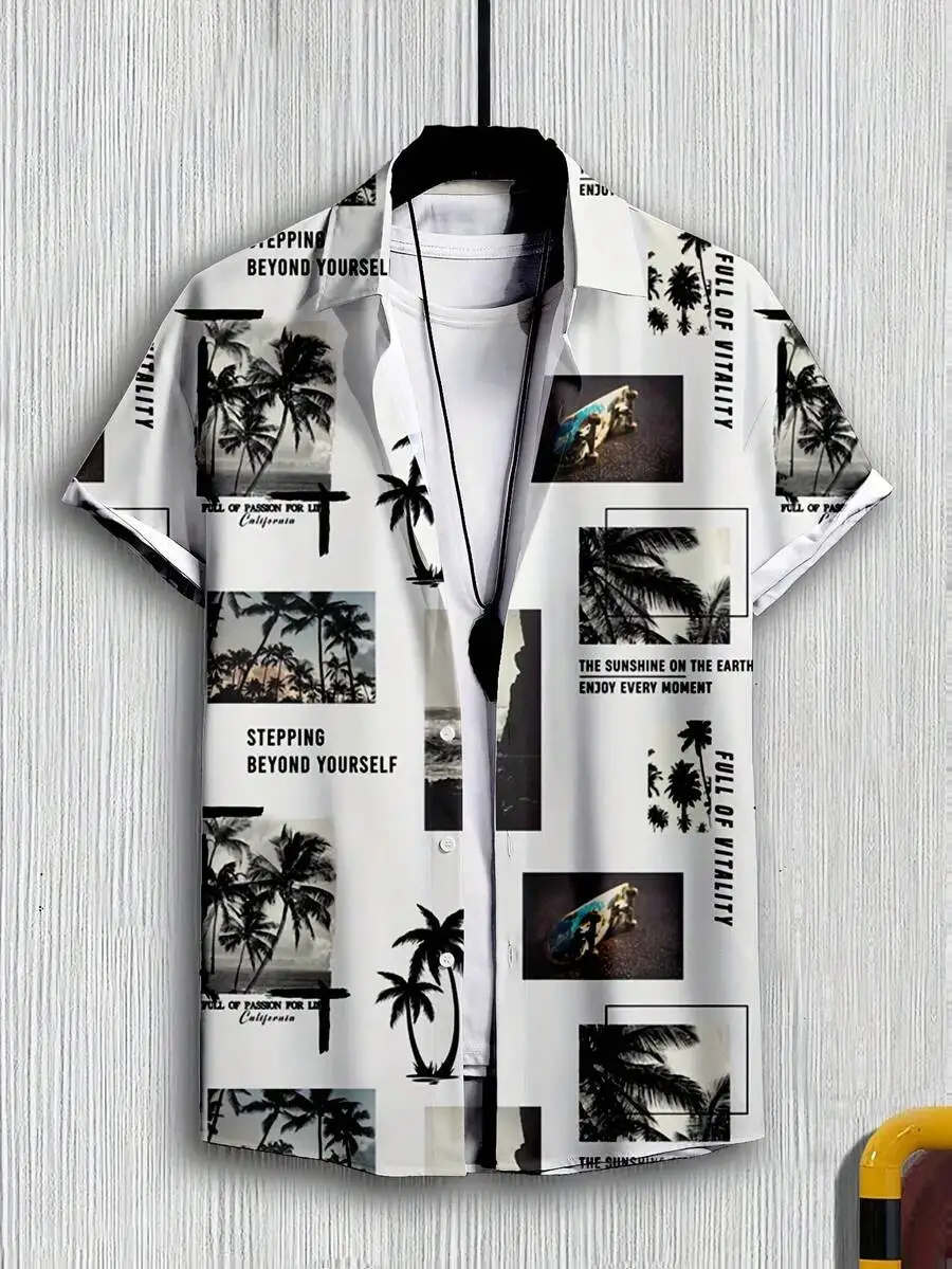 

Mens Hawaiian Shirt With Palm Tree And Ocean Sunset Print Casual Summer Beach Shirt