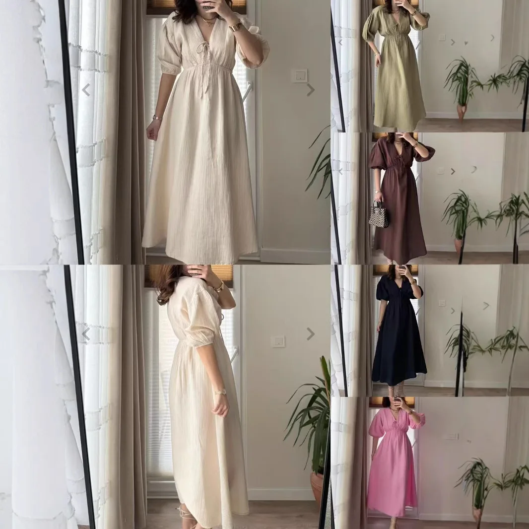 

2025 Dress Women Elegant Fashion Beautiful Women's Dresses Party Night Dress V-neck Puff Sleeve Short-sleeved Slim A-line Dress