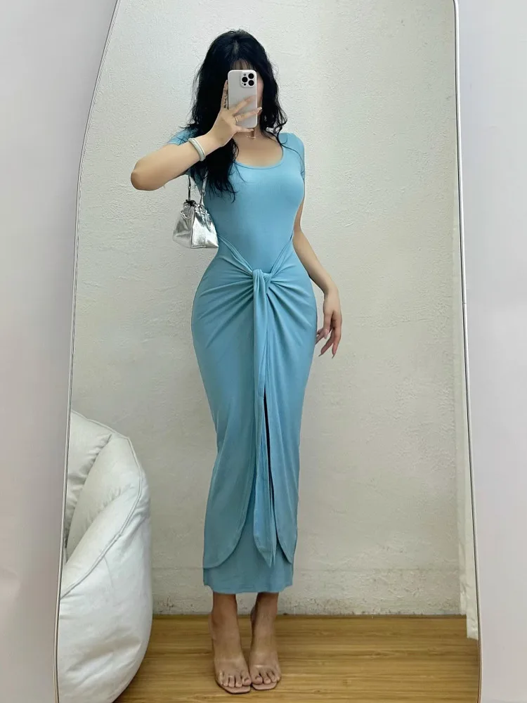 2024 Summer Korean High-end Temperament Cinching Waist Slim Long Dress Women Fake Two-piece Lace Up Short Sleeve Dress XK46