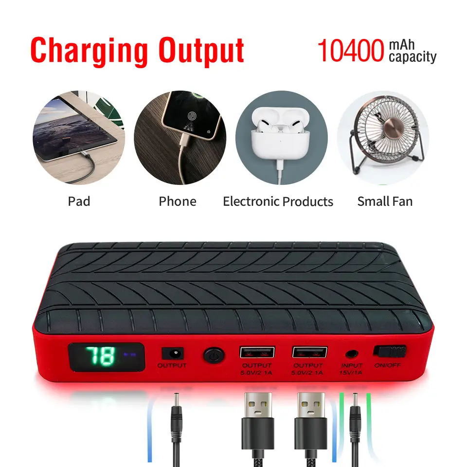 Three Charging Output 10400mAh Battery Power Bank for Phone Pad Small Fan 12V Emergency Booster Car Jump Starter with Led Light