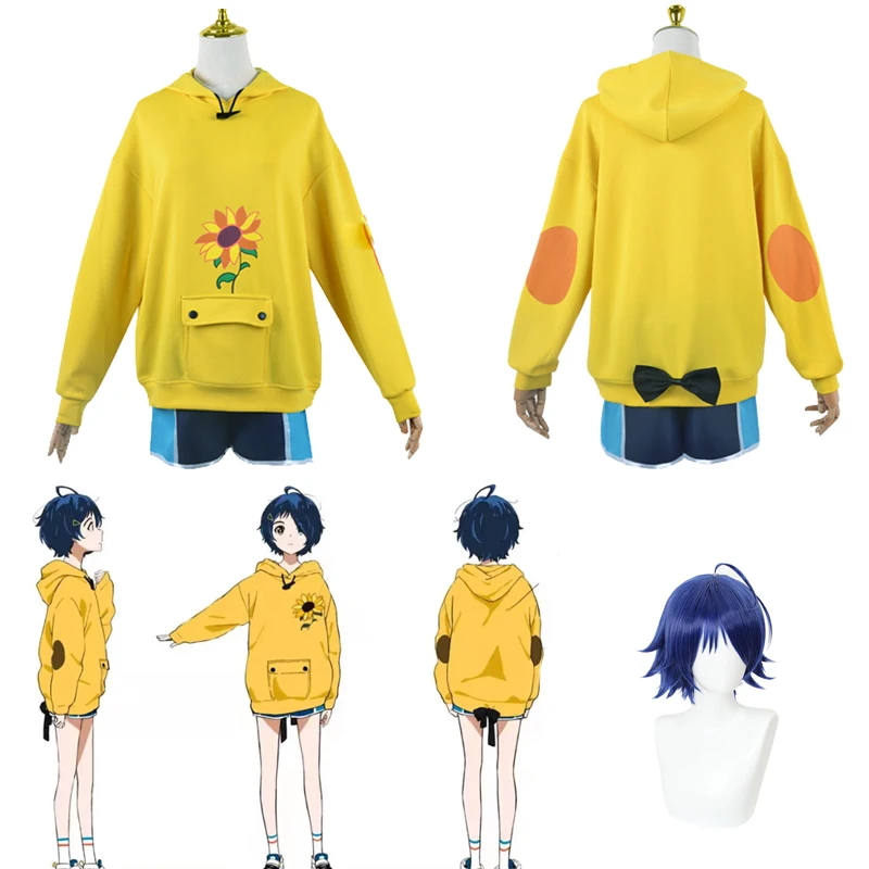 

Anime Cos Wonder Egg Priority Ohto Ai Cosplay Costumes Hoodie Yellow Vast Sunflower Pullover Shorts Wig Suit Halloween Outfit