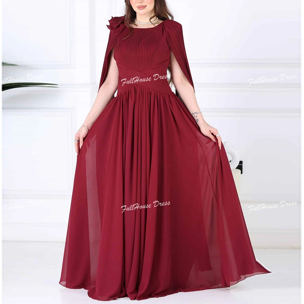 맞춤형 클래식 오 넥 쉬폰 A 라인 주름 계층화 된 이브닝 드레스 플로팅 바닥 길이 배트윙 슬리브 파티 드레스 코트