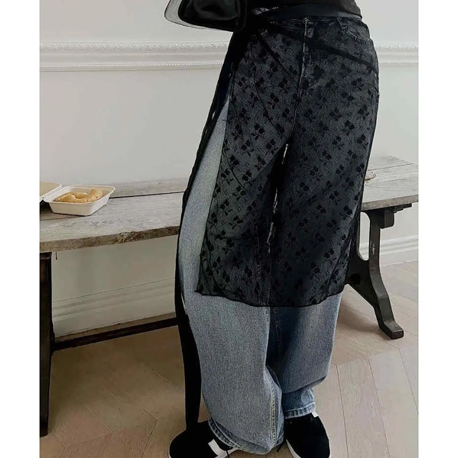 

Lace Layered Gauze Skirt With Tie Up Women Vintage Bowknot Print See-Through Lace Strap One Piece Bandage Tulle Dress Curtain