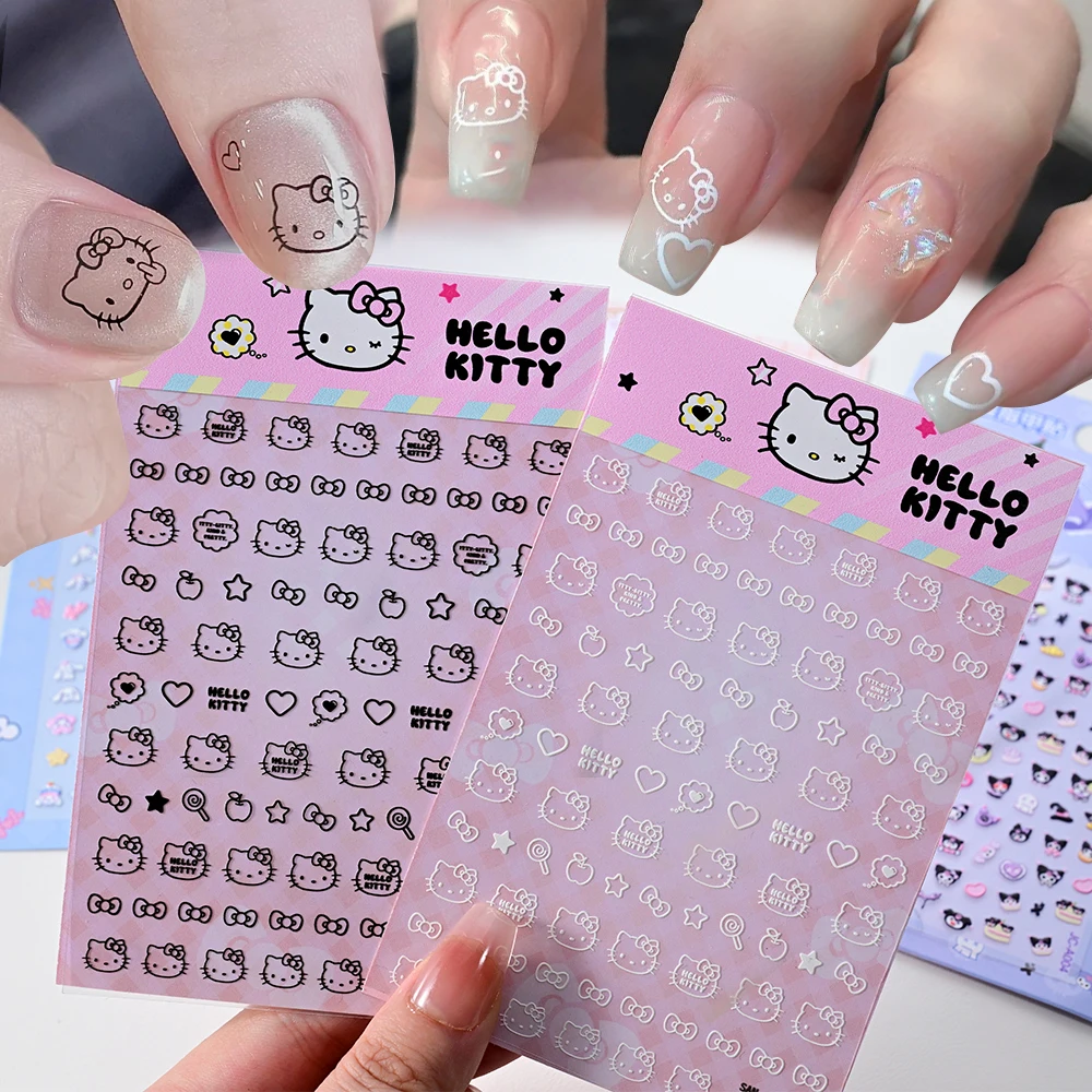 5D Black White Cartoon Hello Kitty Nail Stickers Sanrio Heart Bow Hello Kitty Nail Decorat Self-adhesive Stickers Nail Supplies