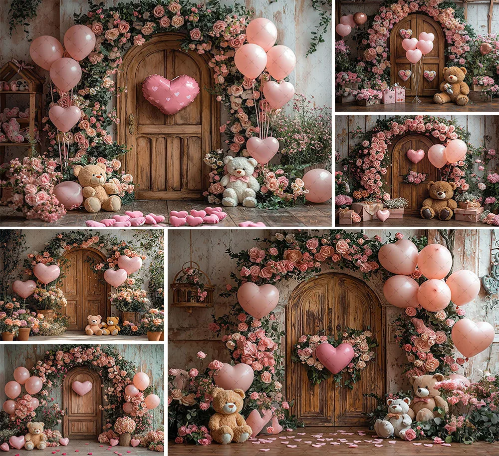 Mehofond Photography Background Valentine's Day Wood Door Flower Balloon Bear Kids Birthday Portrait Decor Backdrop Photo Studio