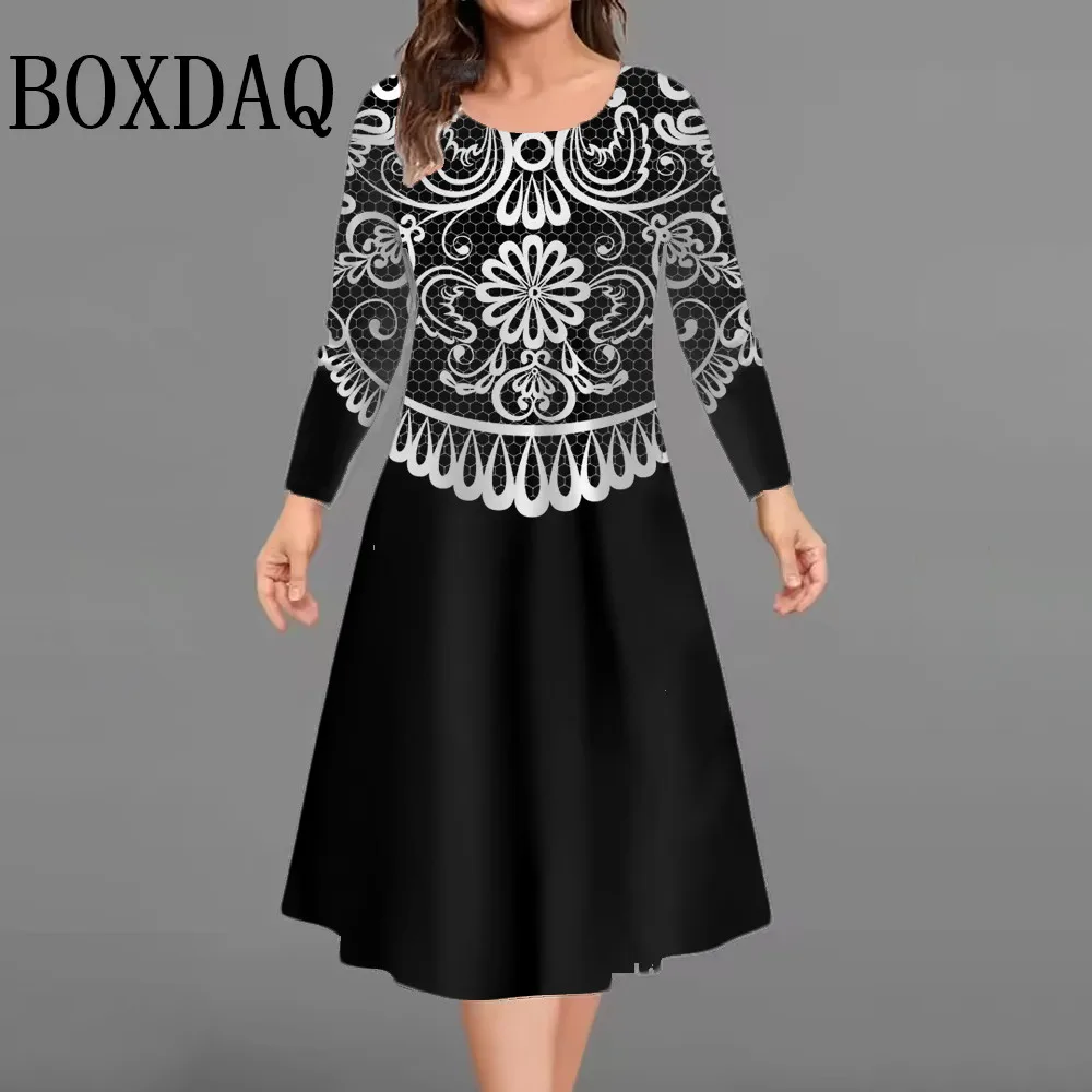 New Women's Retro Dress Flowers Printed Elegant Casual Long Sleeve Dress Fashion Plus Size Women's Clothing 2025 Women's Dresses