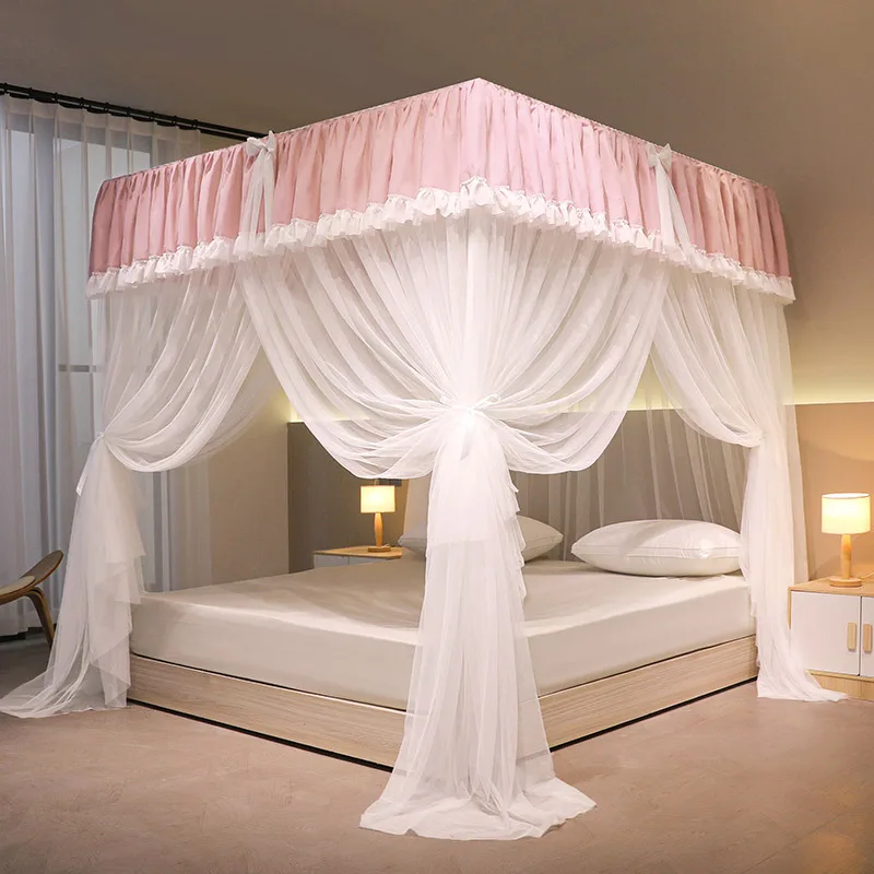 

Quadrate Palace Mosquito Net With Frame Encrypted Romantic Bed Curtain Canopy Nets Three-door Bedcover Curtain Home Decoration