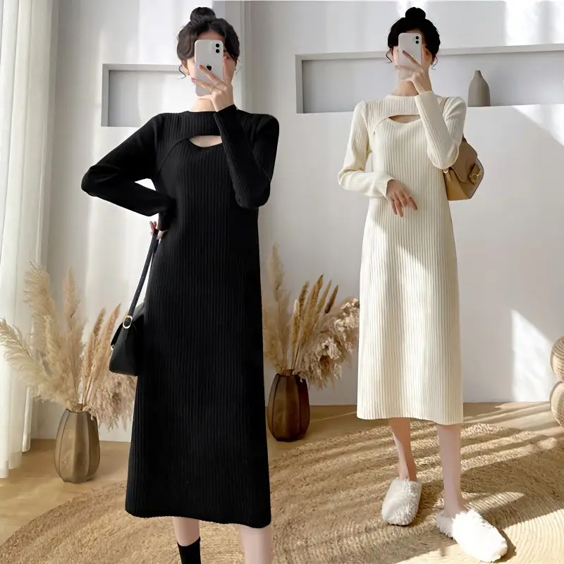 Women's Clothing Autumn Winter New Fashion Hollow Out Inner Layout Casual Loose Slim Underlay Knitted Mid Length A-line Dress