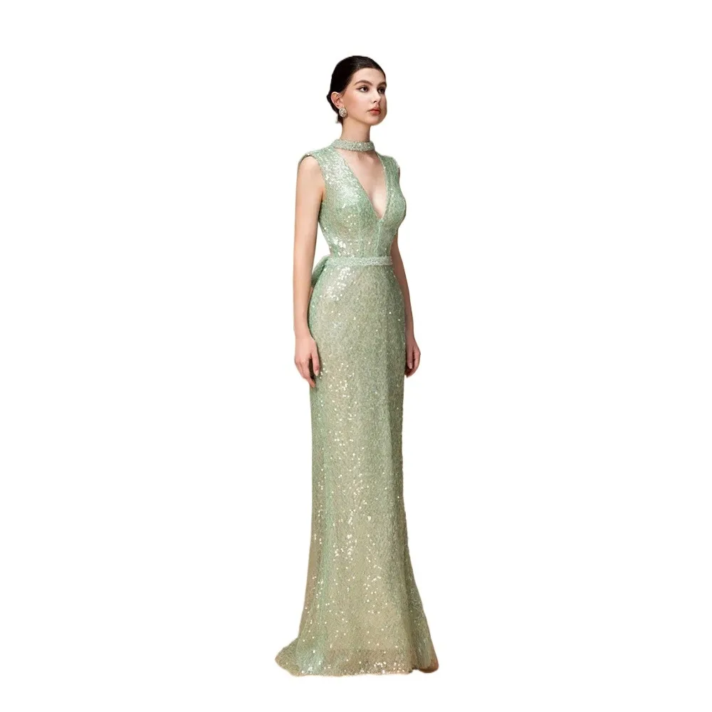 

DRESS FORU Elegant Classic Green Evening Dress Sequin for Floor-Length V-Neck Halter Prom Dress Robes De Soirée Customized