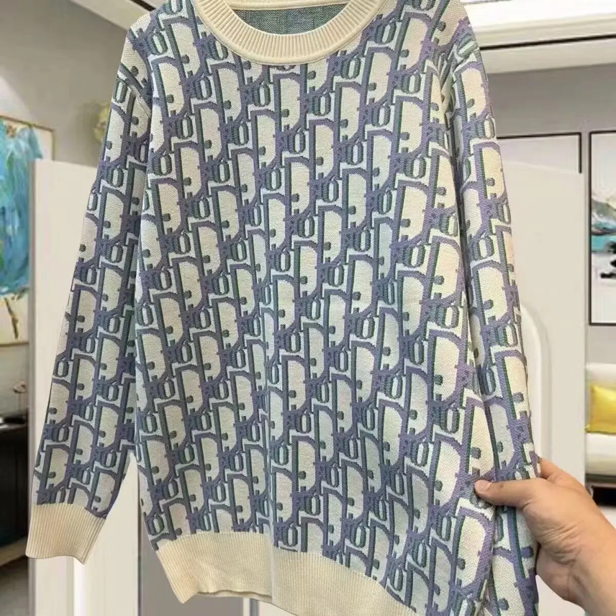 العصرية العلامة التجارية الخريف الشتاء زوجين الرجعية طباعة كاملة رسالة جولة الرقبة طويلة الأكمام سترة المرأة عارضة فضفاض محبوك أعلى