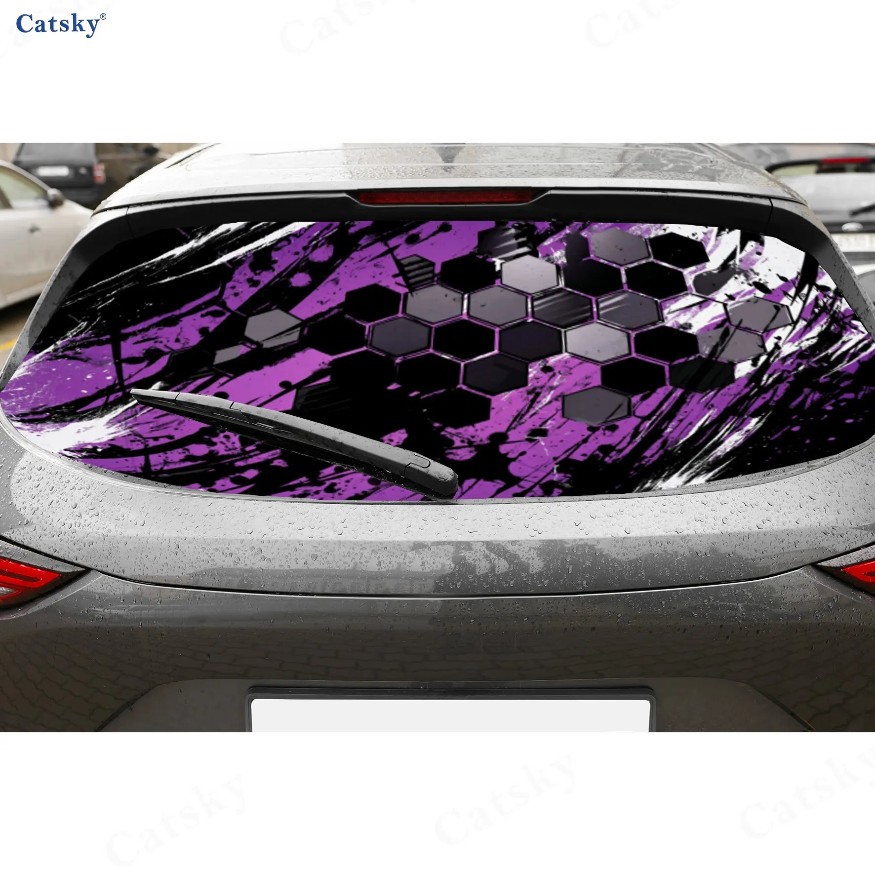 Hexagon Purple-Black Splash PVC Perforated Car Vinyl Wrap, Durable Car Rear Windshield Sticker, Waterproof Car Rear Window Decal