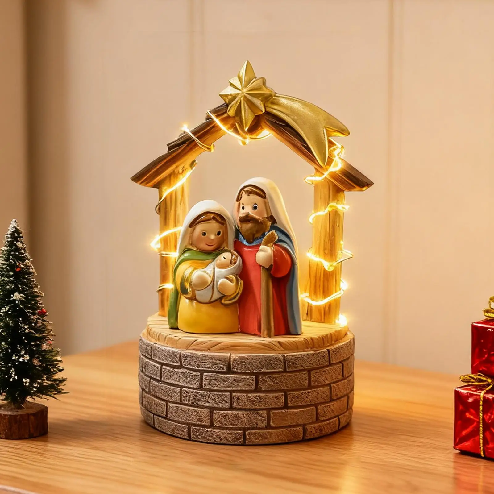 Christmas Nativity Scene with LED Light Cute Christmas Decorations Holy Family Nativity Scene Figurines for Table Shelf