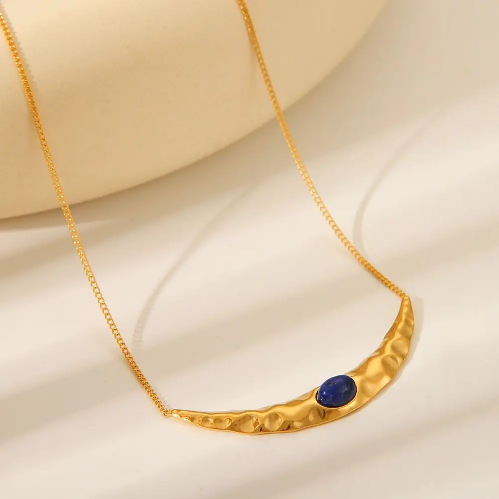

Irregular Simple Metal Necklace Elegant Stainless Steel Vintage Choker Blue Stone Moon Shape Crescent Necklace Women