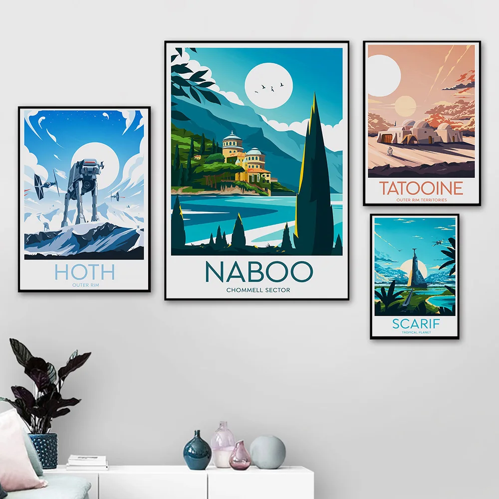 Póster de película de guerras minimalista, cuadro artístico de pared Tatooine Hoth Scarif Naboo, impresión en lienzo para sala de estar, decoración del hogar, pintura de regalo