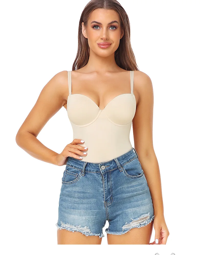 Women Plunge Thong Bodysuit Body Tops Beige Nude Leotard Tank Top Invisible Faja with Built-in Bra