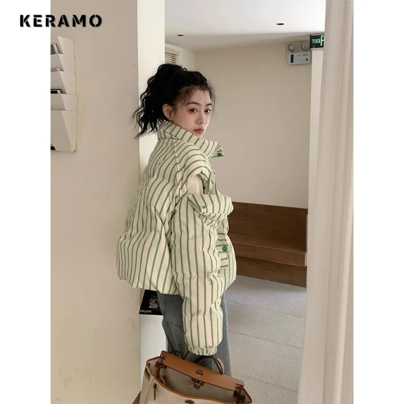 Women Y2K Casual Sweet Long Sleeve Single Breasted Parkas 2023 Autumn Winter Oversize Outerwear Jacket Fashion Warm Striped Coat