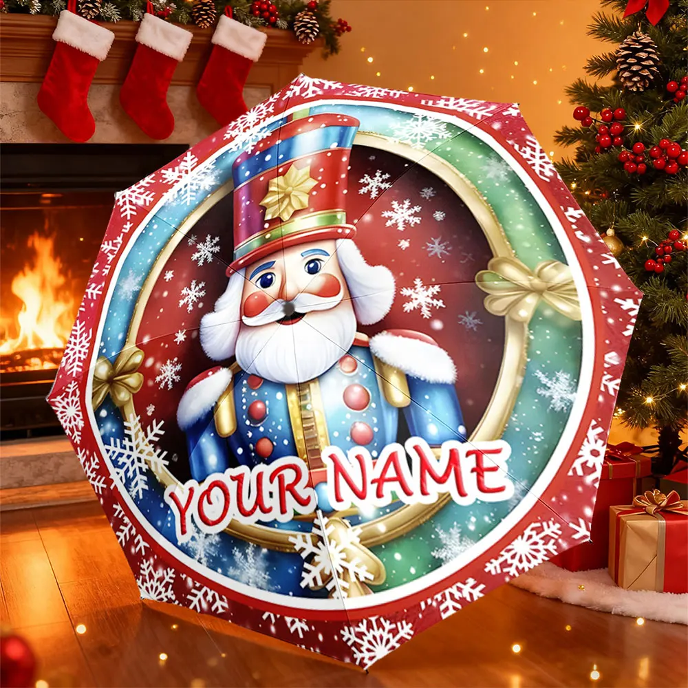 Custom Name Umbrella， Christmas Nutcracker Snowflake Pattern Umbrella Design ,Portable Folding Umbrella, Christmas Gift