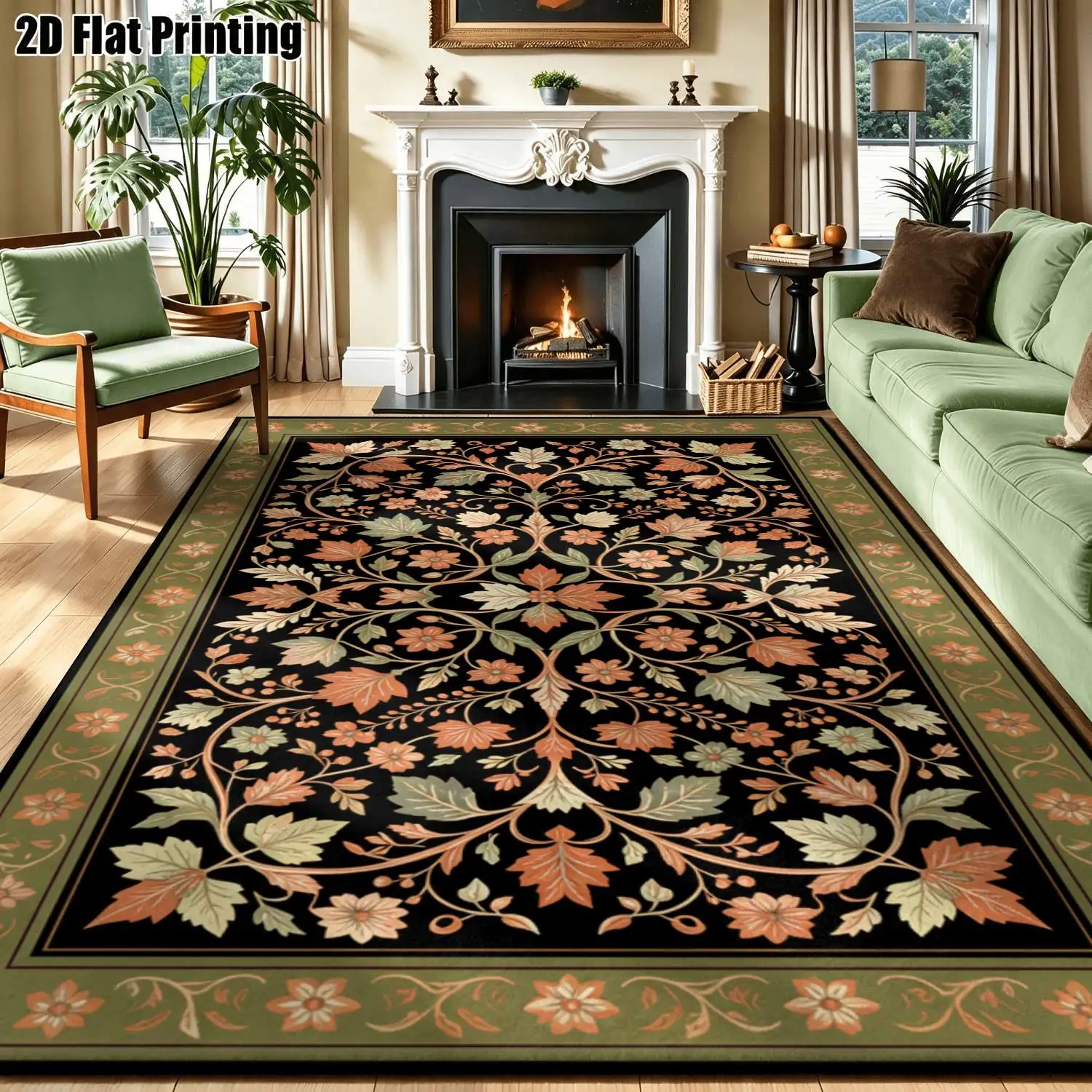 1Pc 2D Printed Retro Brown-Green Floral Leaf Carpet, European Style Home Decor Rug, Machine Washable, Multi-Size & Multi-Scene Use