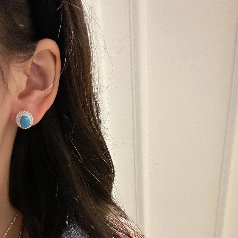 Luxury retro surround with oval turquoise earrings for women necklace silver 925 diamonds exquisite blue jewelry sets