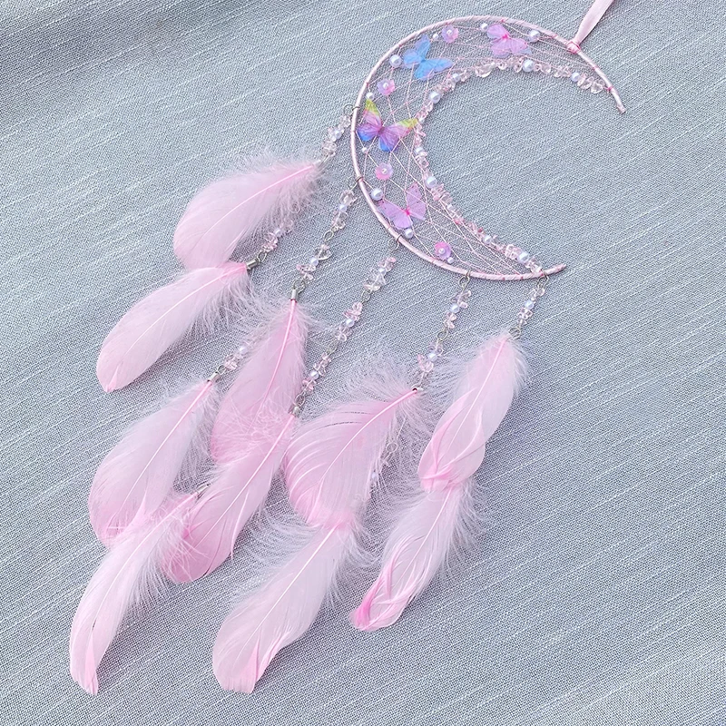 Nordic Pink Feather Butterfly Wind Chimes Dream Catcher Handmade Living Room Hanging Ornaments Wall Pendant Festival Party Gifts