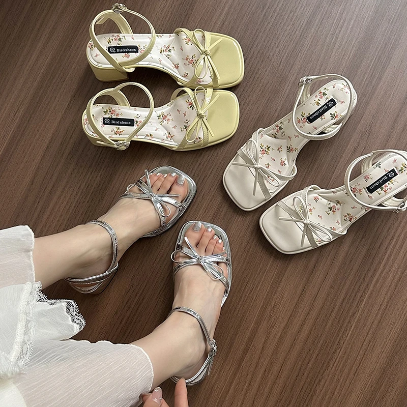 2026 New Summer Women's Single-Band Sandals French Style with Skirts, Bow, Open Toe, Popular Beach Roman Shoes