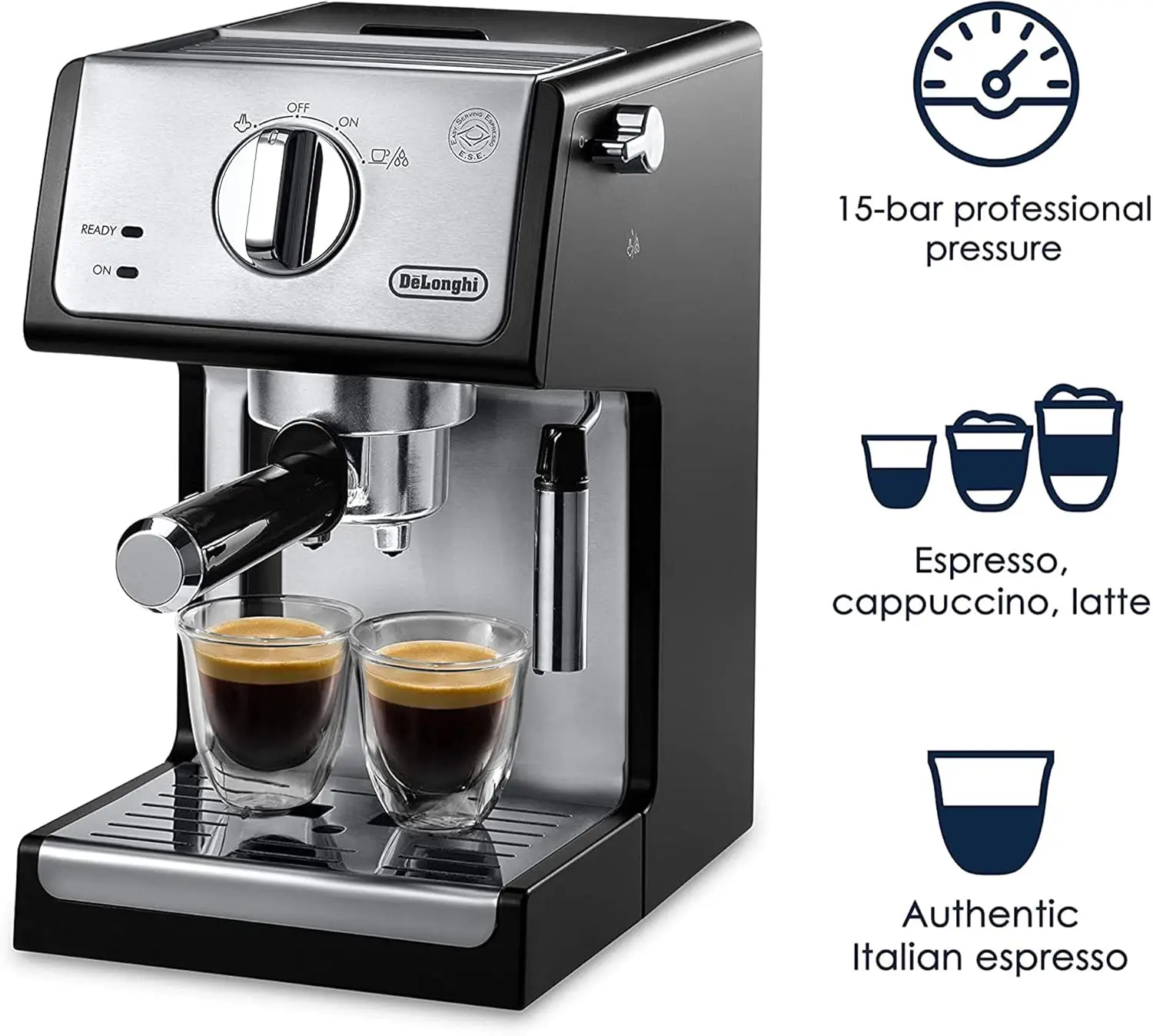 De'Longhi 15-Bar Pump Espresso Machine with Manual Milk Frother for Latte, Cappuccino, Black, ECP3420