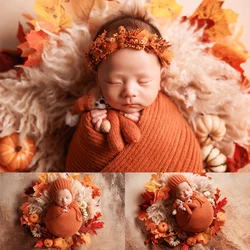 Fotografía para recién nacidos, gorro tejido para envolver, tocado, esteras de lana con flores, accesorios de calabaza y hoja de arce, tema para sesión de fotos de estudio de otoño