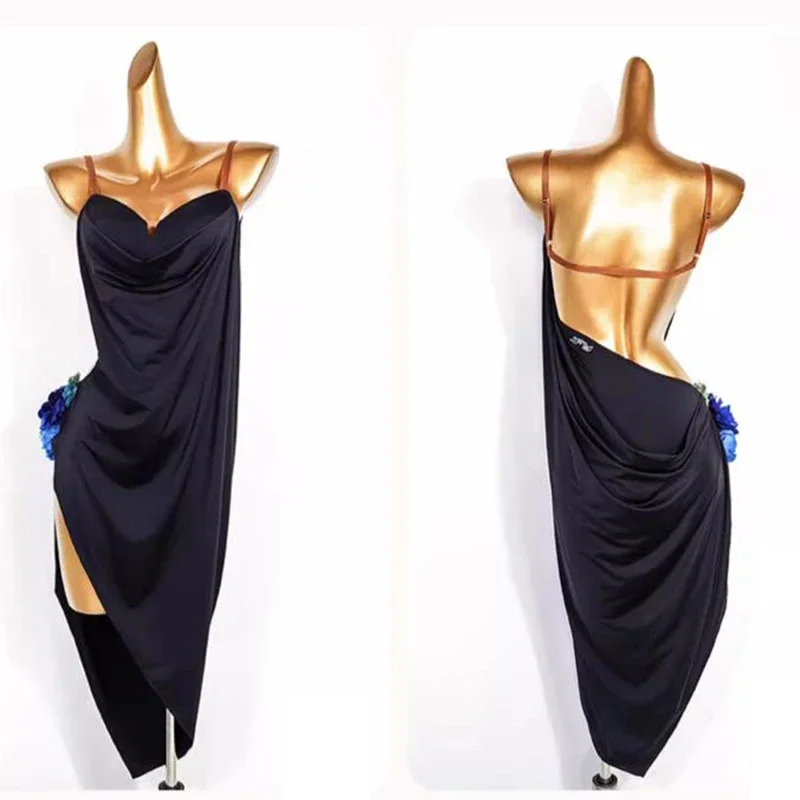 Vestido de dança latina sem mangas para mulheres, cor pura, rumba, chacha, salsa, dancewear, roupas de performance, oco, sexy, novo, 2023