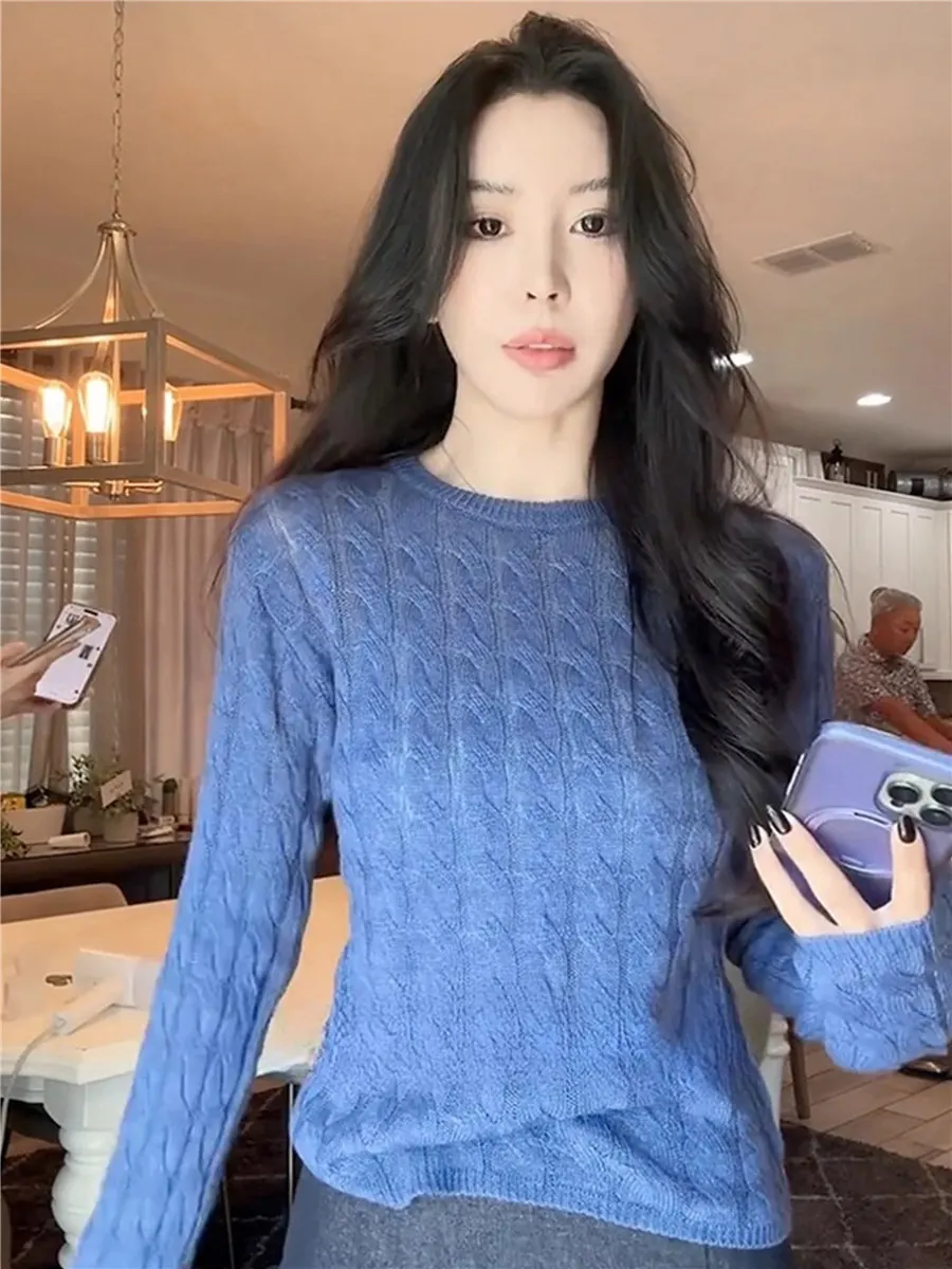 

Синий винтажный вязаный мягкий повседневный круглый свитер Ne для женщин, осень-зима, свободный универсальный вязаный длинный свитер на острове...