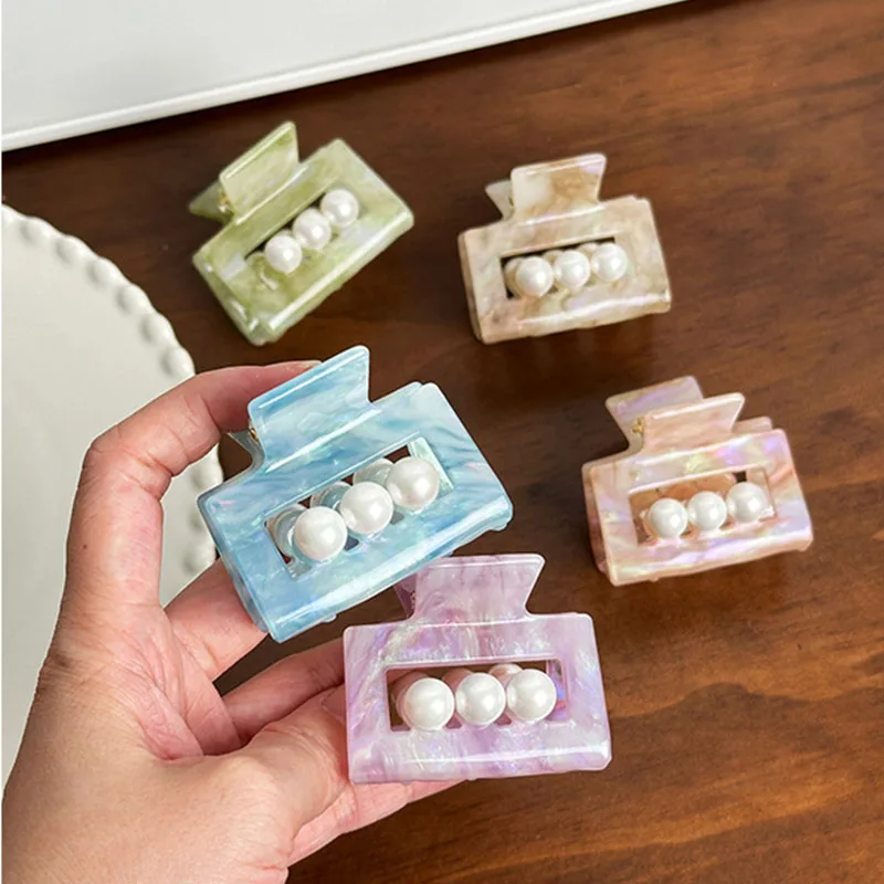 New Creative Design 5.2CM Square Acetic Acid Hair Clip Simple High Ponytail Clip  Small Shark Clip Pearl Hair Accessories