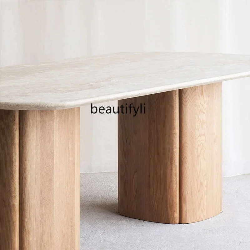 Natural travertine dining table restaurant dining oval luxury stone table light luxury French dining table