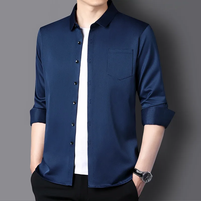 قمصان بيضاء للرجال ملابس مكتبية عالية الجودة غير حديدية مع جيب الثدي قمصان رجل الأعمال طويلة الأكمام عادية بولو T القمم