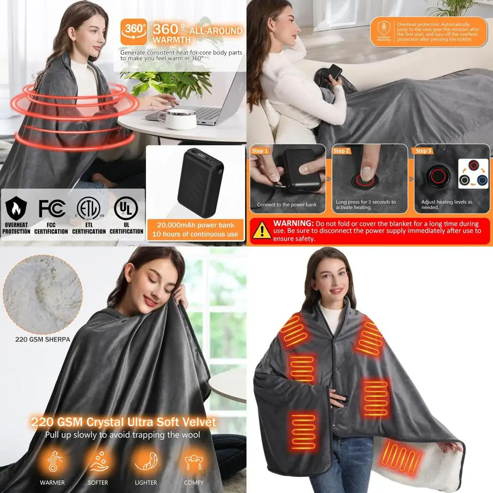 

Portable Cordless Electric Heated Shawl, 59x35.5, 3-Level Heating, 20000mAh Power Bank