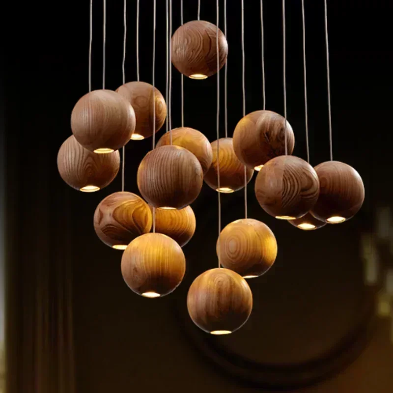 Designer's Solid Wood Pendant Light Creative Art Kitchen Restaurant Hanging Lamp New Chinese Hotel Wooden Ball Bar LED Lighting