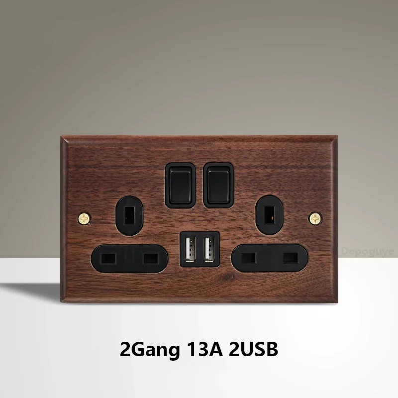 Black Walnut Wood Toggle Light Switch,Home retro Brass Panel,FR UK Universal Double USB Wall Electrical Socket Vintage Switch image 3