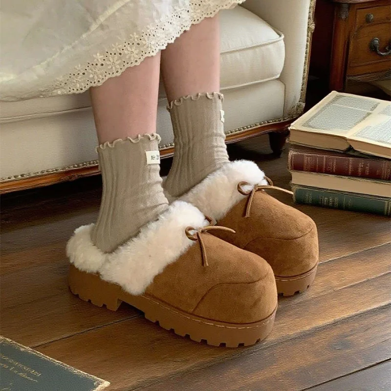 Women's Winter Soft Fleece-Lined Outdoor Slippers with Bow Detail: Fashionable Cotton-Lined, Warm, and Slip-Resistant