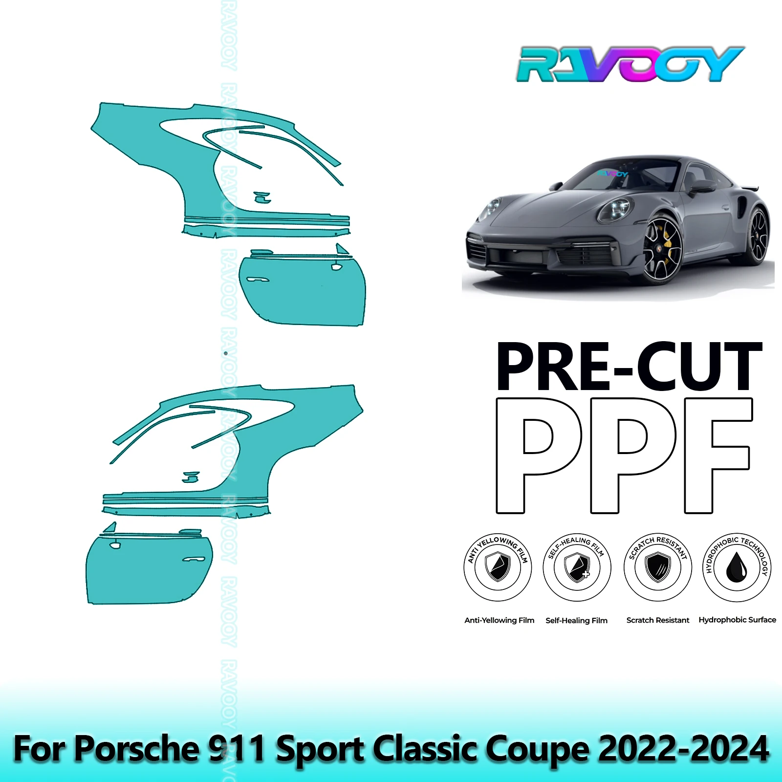 

For Porsche 911 Sport Classic Coupe 2022-2024 8.5mil Clear Matte Pre-Cut PPF Door & A/B Pillar Kit TPU Paint Protection Film Set