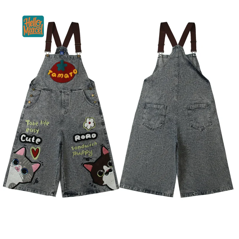 HELLOMARCEL EU US Size Luxury Quality Street Wear Pants American Retro Cartoon Cat Cropped Overalls Jeans For Men And Women