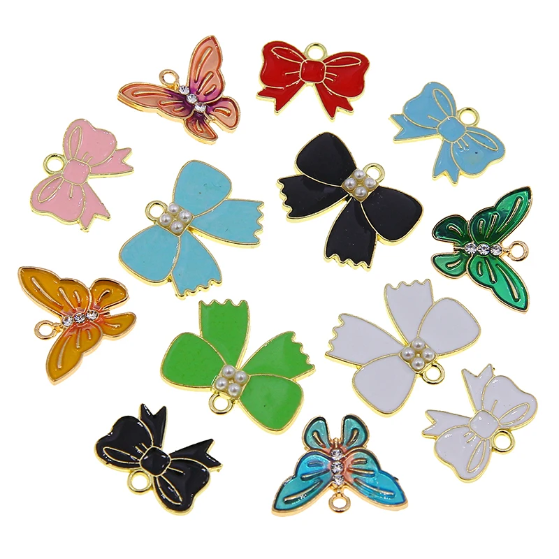 50pcs/lot Enamel Inlaid Pearls Crystal Butterfly Charms Pendants for Jewelry Making Necklace EarringsDIY Handmade Accessories