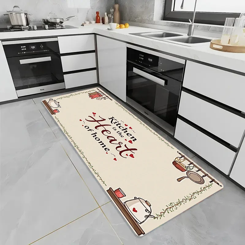 Cartoon Cookware Vine Border Kitchen Heart Letter Runner Rug on light beige base, non-slip carpet  kitchen aisle entryway floor