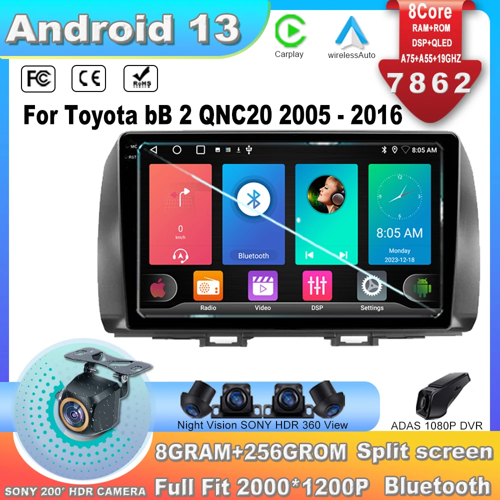 

10.2" Car Screen For Toyota bB 2 QNC20 2005 - 2016 Android 13 7862CPU Wireless Carplay Multimedia Video Player Navigation Stereo