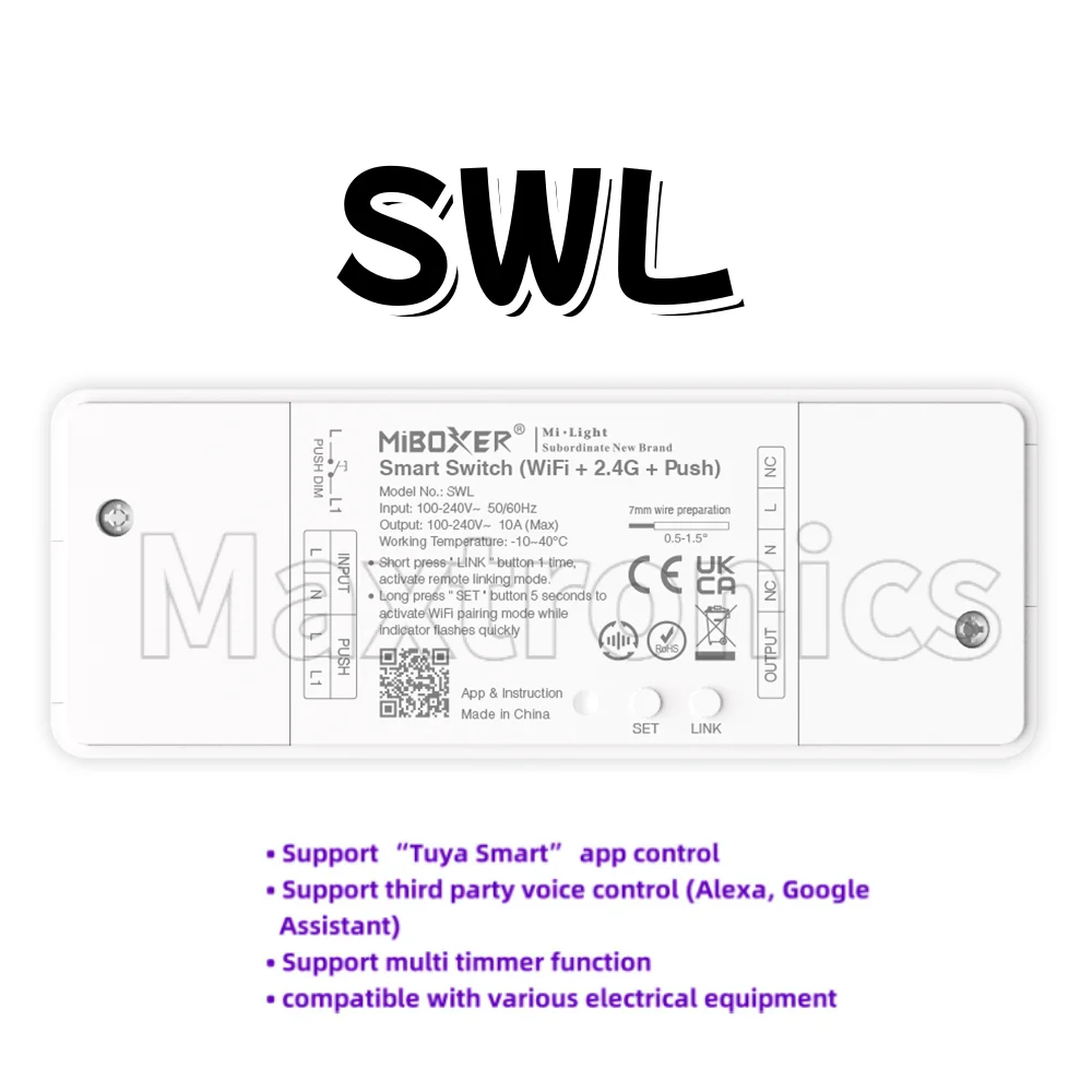 Miboxer WiFi 2.4G remote control PUSH LED lights 10A AC100-240V SWL SWR Smart switch  Support Tuya smart app control party voice