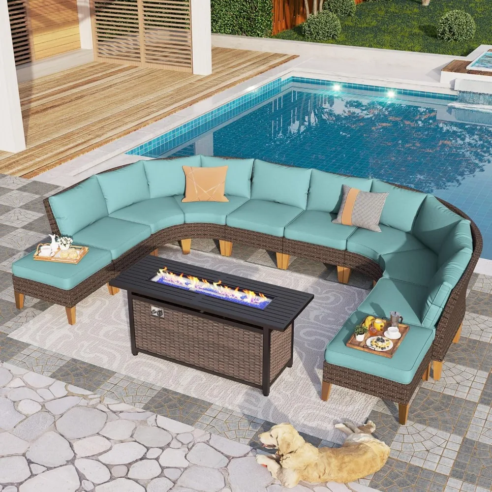 

11 piece set of terrace furniture with fire pit table set, semi-circular arc-shaped segmented sofa, waterproof rattan garden set