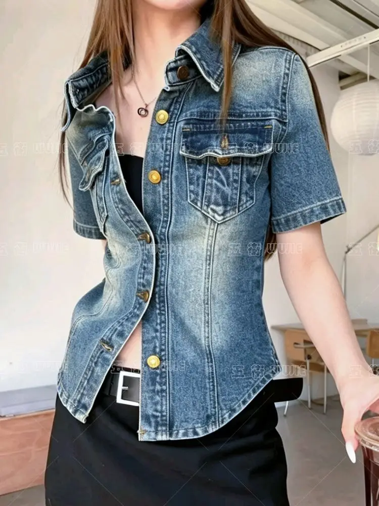French retro Polo collar short-sleeved denim jacket women's summer 2026 fashion loose single-breasted temperament top