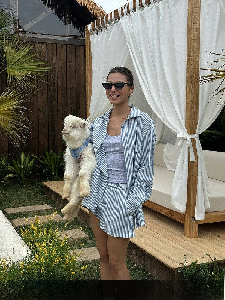 

Blue Striped Shirt And Pants Set Women's Summer Fashion Two-Piece Suit Cotton Long Sleeve Button-Up Commute Style GO GO BURN
