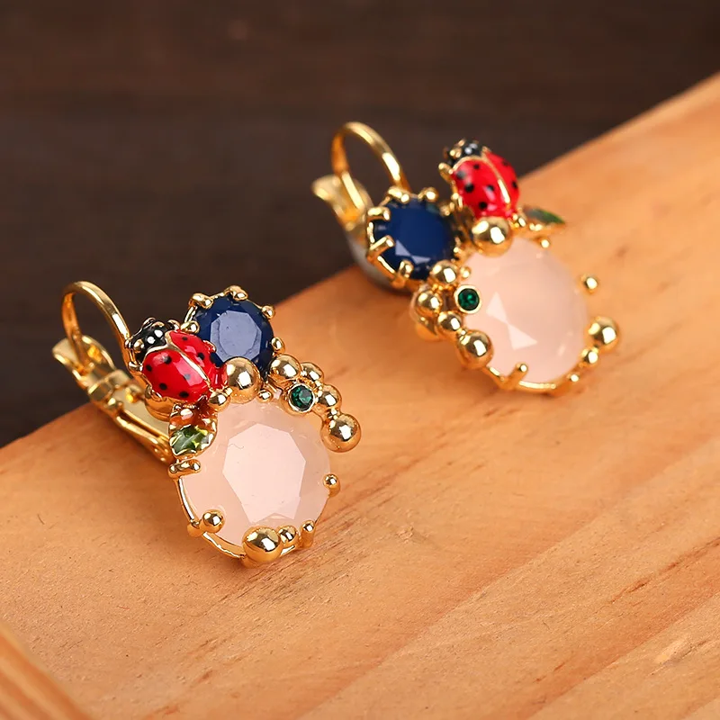 Summer Rustic Ladybug Ear Cuff Enamel Crystal Gemstone 3D Fresh Light Luxury Design for Women