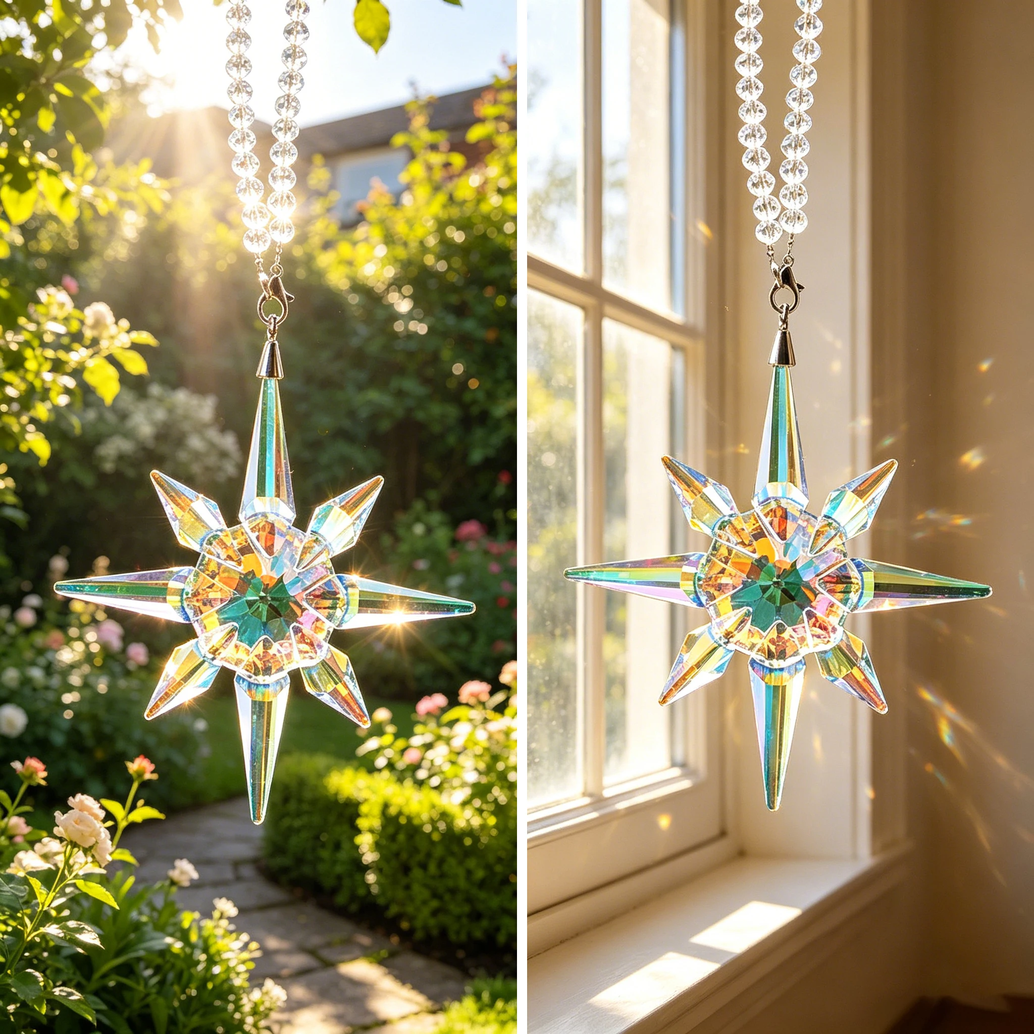 Aurora AB Color 8 Point North Star Crystal Ornament Multi Facet K9 Crystal Car Mirror Rainbow Prism Suncatcher Window Decor Gift